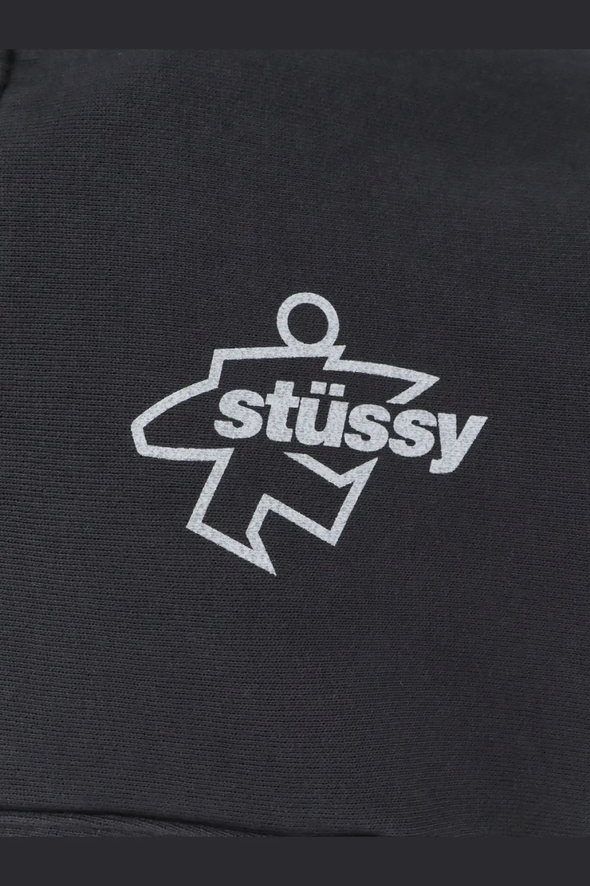 Black stussy men’s surf cotton sweatshirt featuring a white embroidered logo with stylized figure and text