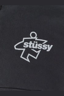 Black stussy men’s surf cotton sweatshirt featuring a white embroidered logo with stylized figure and text