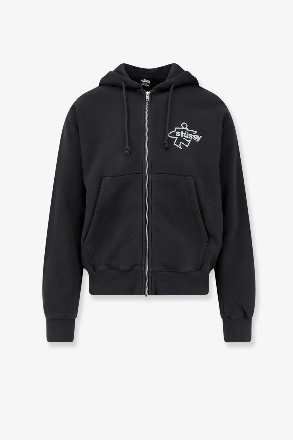 Black Stussy men’s surf zip-up cotton hoodie with white embroidered logo and matching drawstrings in black