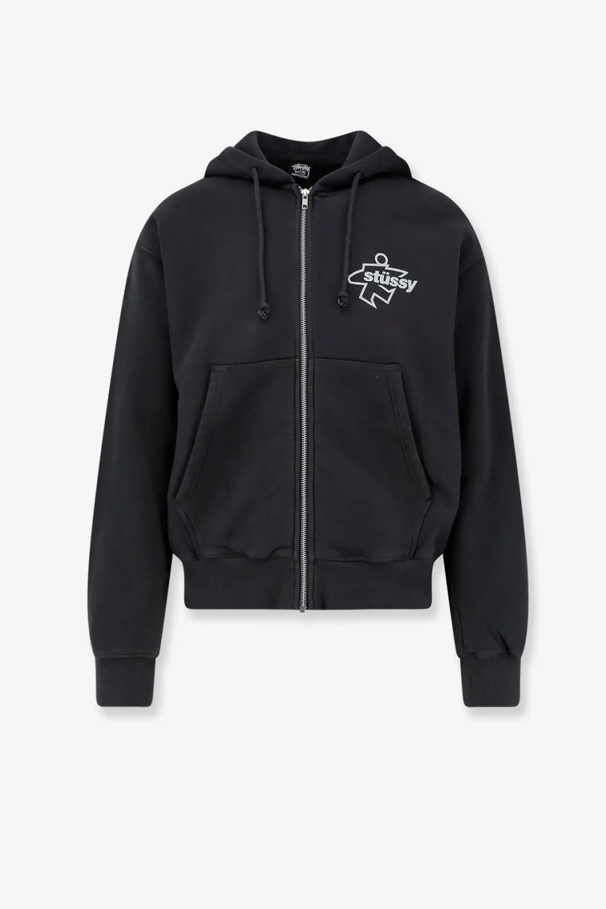 Black Stussy men’s surf zip-up cotton hoodie with white embroidered logo and matching drawstrings in black