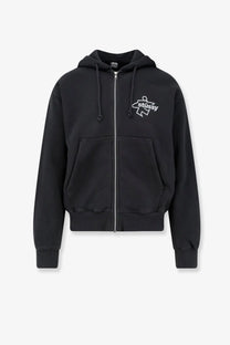 Black Stussy men’s surf zip-up cotton hoodie with white embroidered logo and matching drawstrings in black