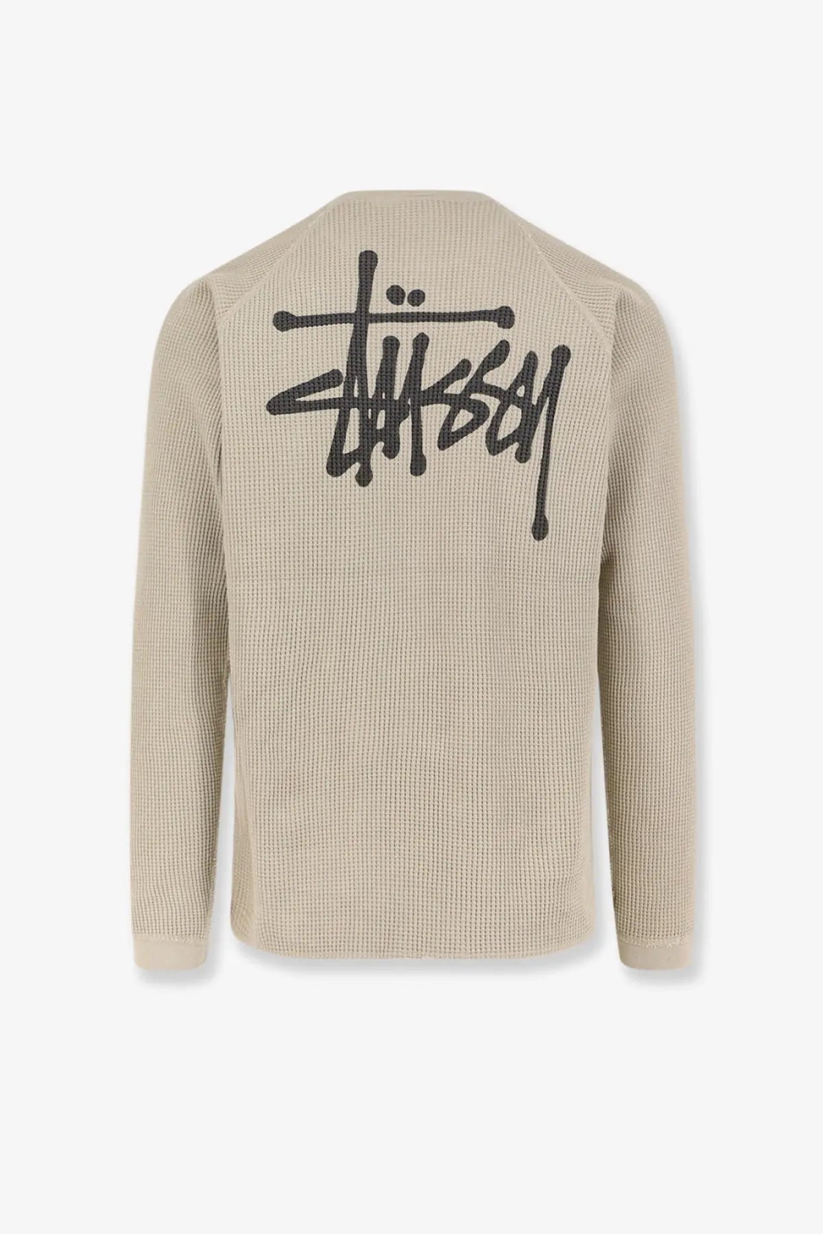 Beige waffle-knit cotton sweatshirt with black stussy logo on back men’s thermal basic stitch raglan sweater bone