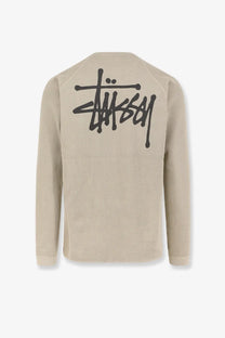 Beige waffle-knit cotton sweatshirt with black stussy logo on back men’s thermal basic stitch raglan sweater bone