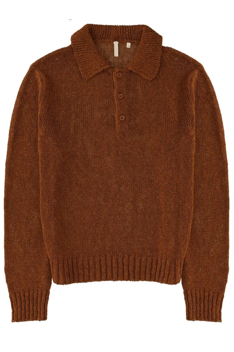 A cozy rust-colored knitted cotton polo sweater with ribbed collar and cuffs from sunflower men’s collection