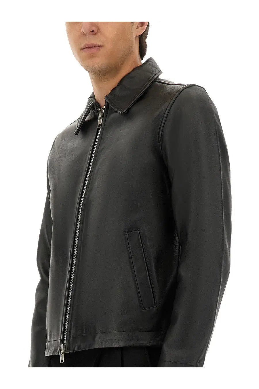 Black leather bomber jacket sunflower men’s giacca corta in pelle black with classic collar and front zipper