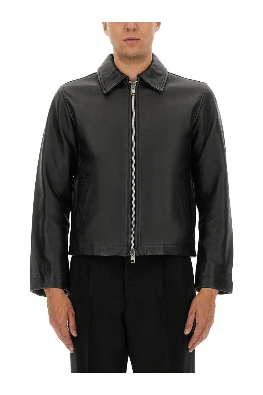 Sunflower men’s giacca corta in pelle black leather jacket with classic collar and silver zipper front view