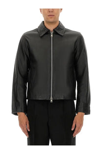 Sunflower men’s giacca corta in pelle black leather jacket with classic collar and silver zipper front view