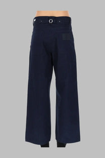 Dark navy wide-leg men’s jeans with belt loop and silver-toned buckle from Sunflower jeans super wide blue collection