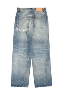 Back side of sunflower men’s jeans wide twist blue in light-wash denim with faded distressed look and frayed pockets details
