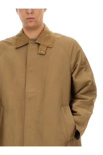 Sunflower men’s long coat beige featuring a tan corduroy collar with button closure on a beige trench coat