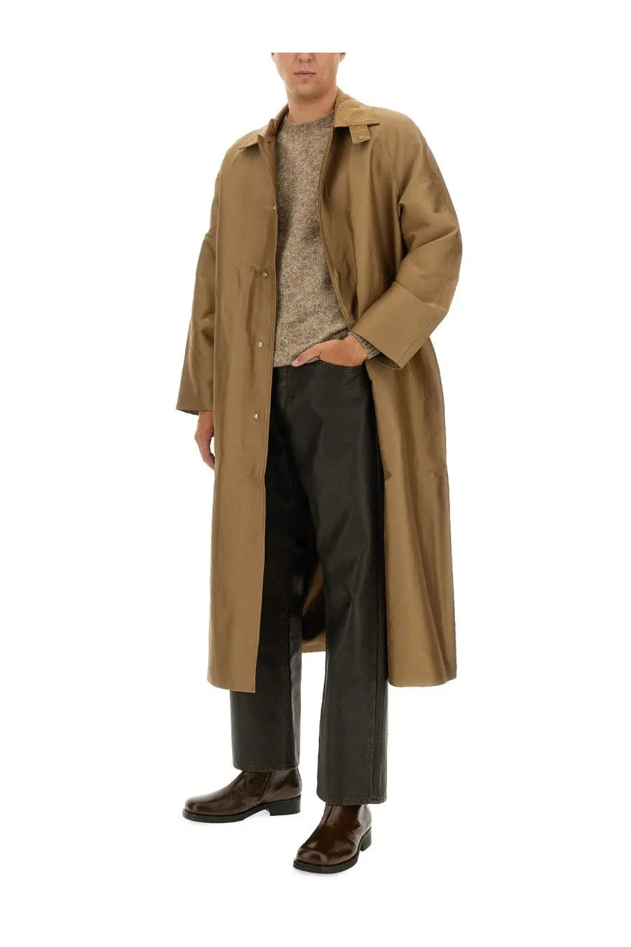 Sunflower men’s long coat beige featuring a tan trench style with classic collar and buttoned front closure