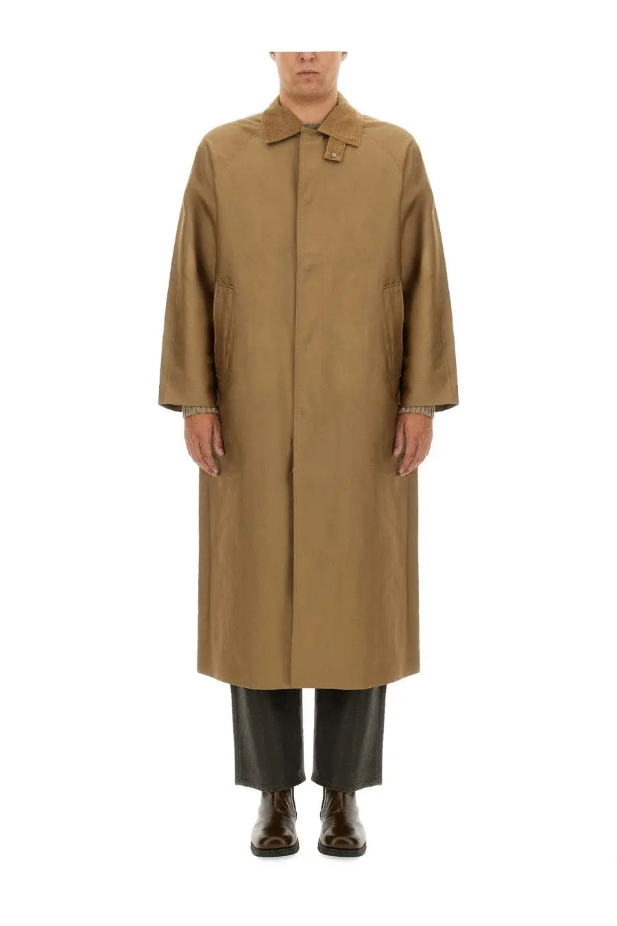 Sunflower men’s long coat beige tan trench coat with classic collar and front pockets for stylish outerwear