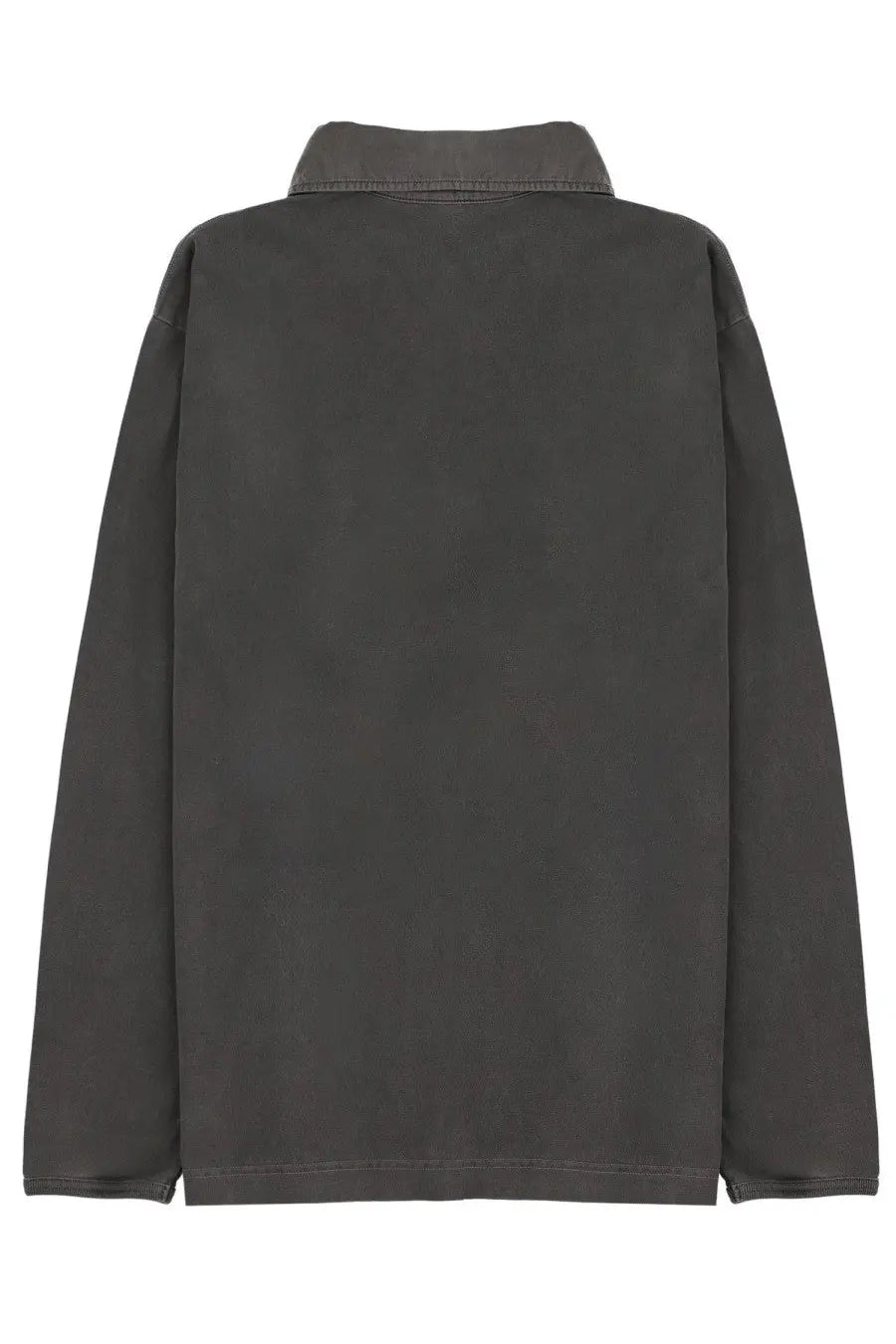 Dark gray denim jacket with classic collar and long sleeves paired with sunflower men’s polo heavy jersey rugby black