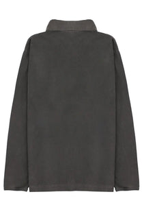 Dark gray denim jacket with classic collar and long sleeves paired with sunflower men’s polo heavy jersey rugby black