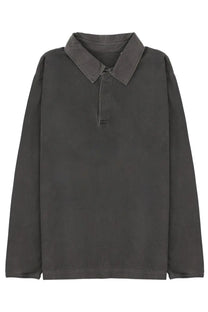 Dark gray long-sleeved polo shirt with classic collar and button placket made from heavy jersey rugby material