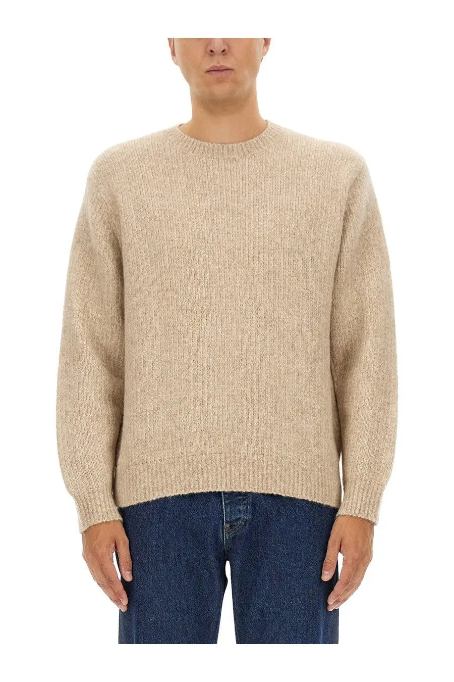 Beige ribbed knit sweater with classic crew neck and long sleeves in sunflower mens regular fit shirt style