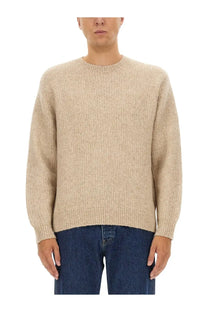 Beige ribbed knit sweater with classic crew neck and long sleeves in sunflower mens regular fit shirt style