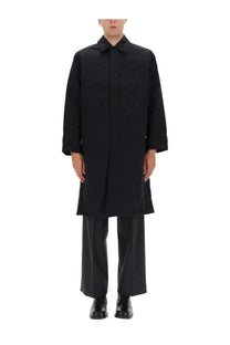 Black minimalist sunflower men’s relaxed trench coat with structured collar and straight-cut sleeves