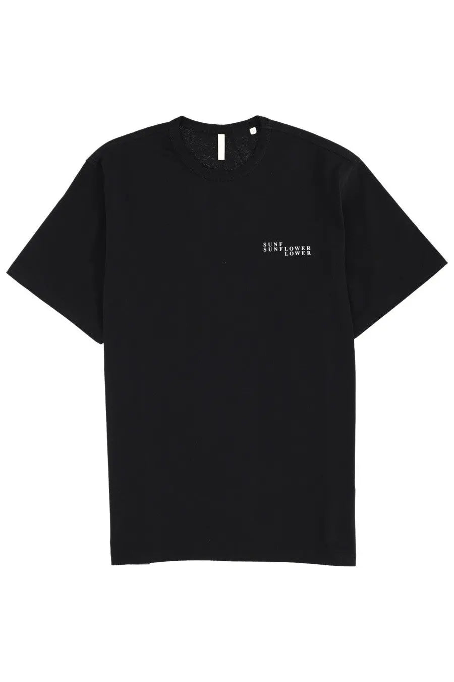 Sunflower men’s black short-sleeved t-shirt with minimalist white text logo on left chest for casual wear