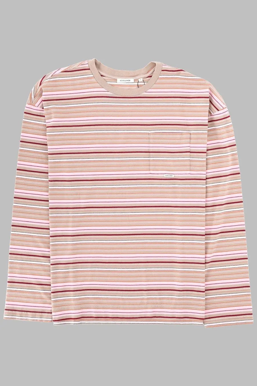 Sunflower men’s long-sleeved cotton shirt with muted pink and maroon stripes and a subtle chest pocket