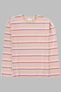 Sunflower men’s long-sleeved cotton shirt with muted pink and maroon stripes and a subtle chest pocket