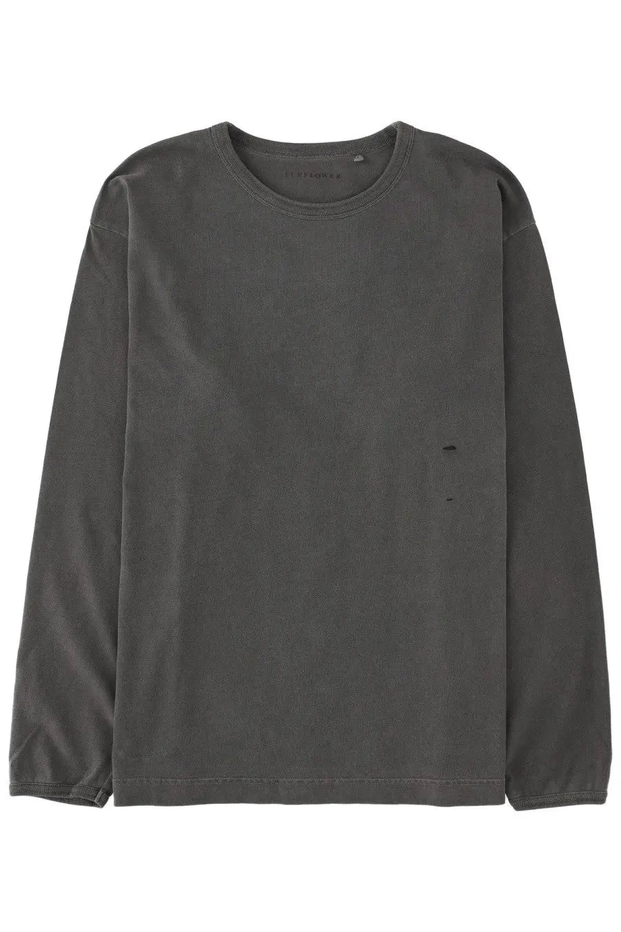 Dark gray long-sleeved cotton crew neck t-shirt with subtle distressed details from Sunflower men’s shirt collection