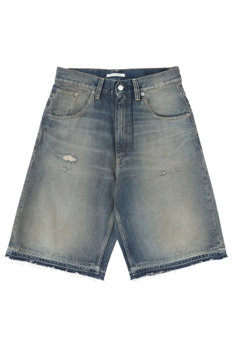 Sunflower men’s denim blue shorts with distressed frayed hem and subtle fading in blue denim material
