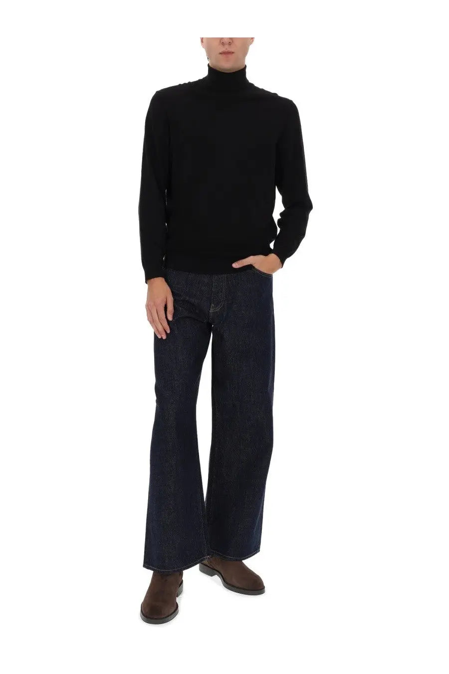 Black turtleneck sweater with a smooth fitted silhouette paired with sunflower men’s super wide blue jeans