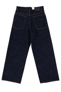 Dark indigo denim men’s super wide jeans blue showing the back side with wide-leg cut and classic back pockets