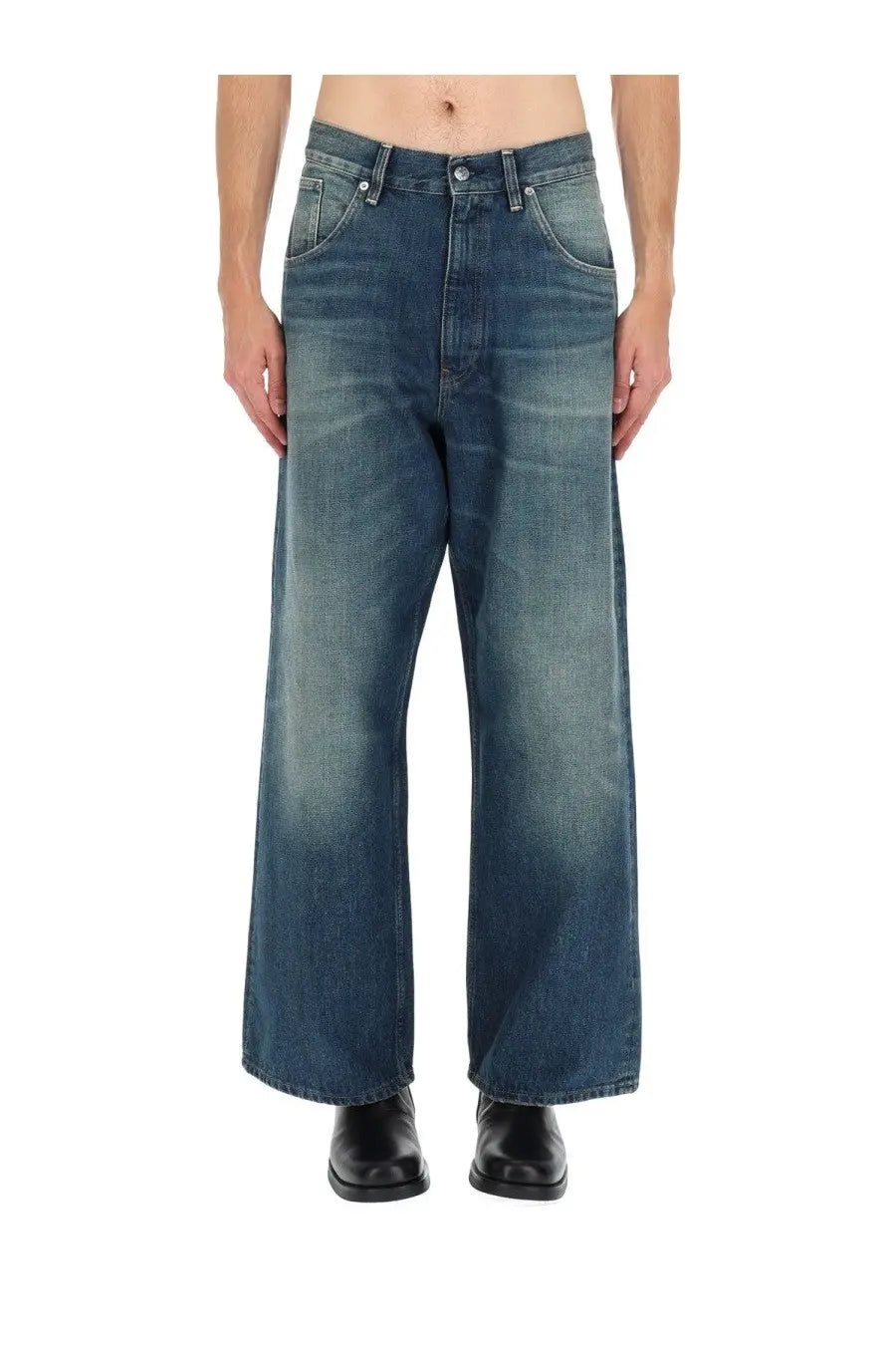 Sunflower men’s super wide jeans in dark-wash denim with a wide-leg cut and faded distressing