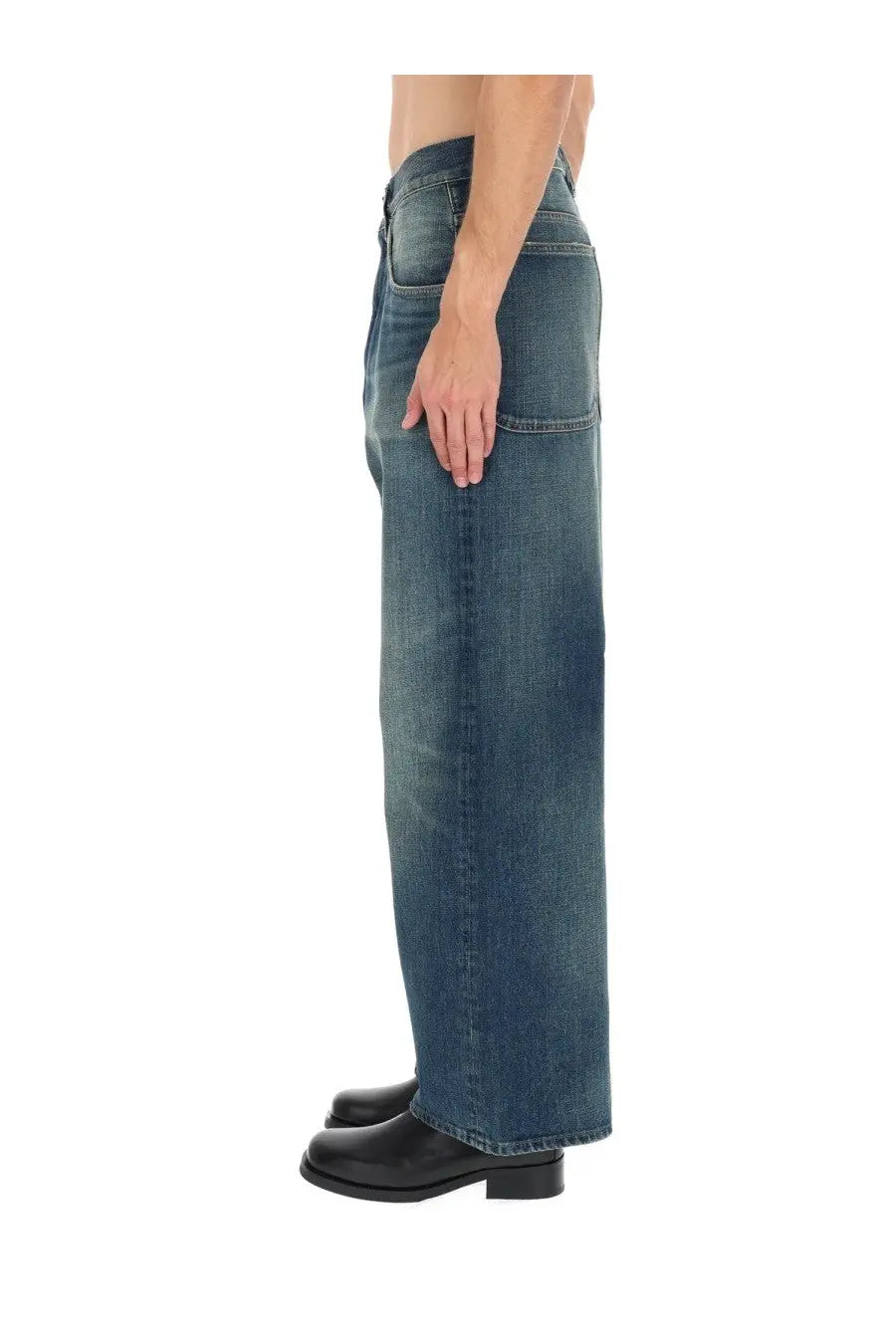Sunflower men’s super wide jeans in medium-wash blue denim with classic stitching and a straight-cut silhouette