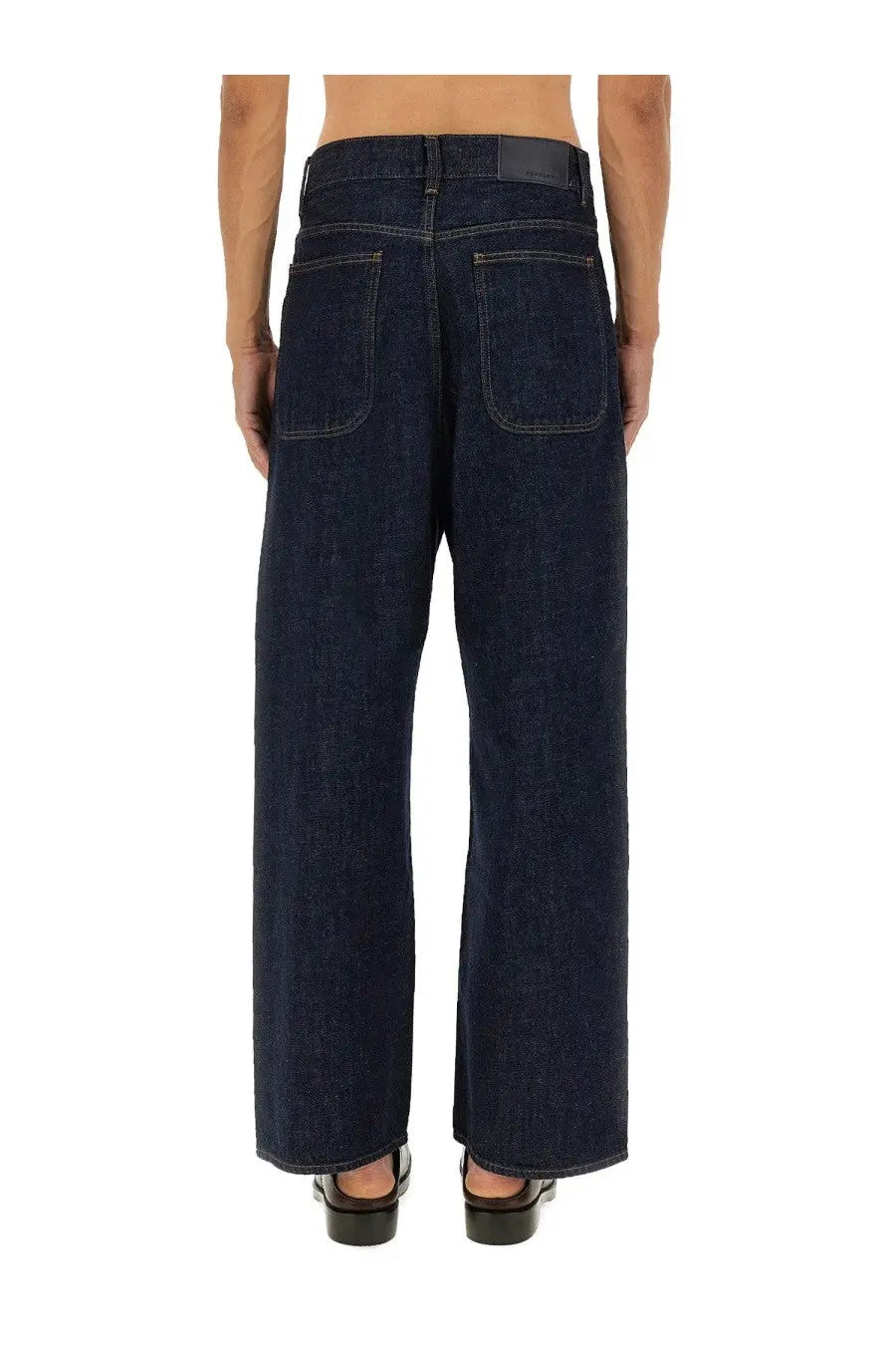 Dark indigo denim sunflower men’s super wide pants showing the back side with wide-leg cut and classic pockets