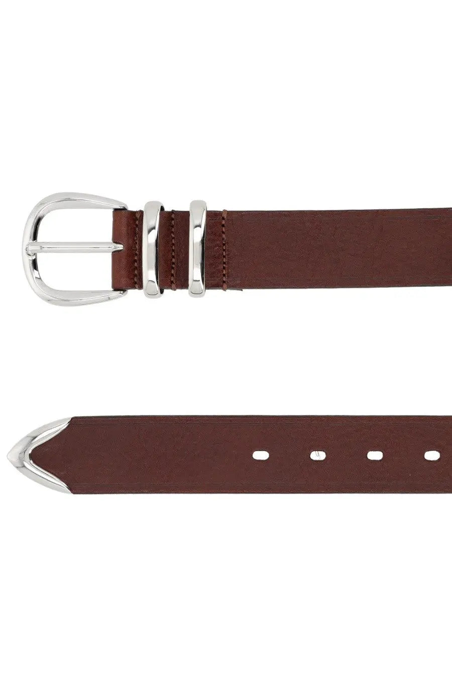 Sunflower men’s tip end belt brown made of brown leather with a silver toned buckle and matching metal prongs