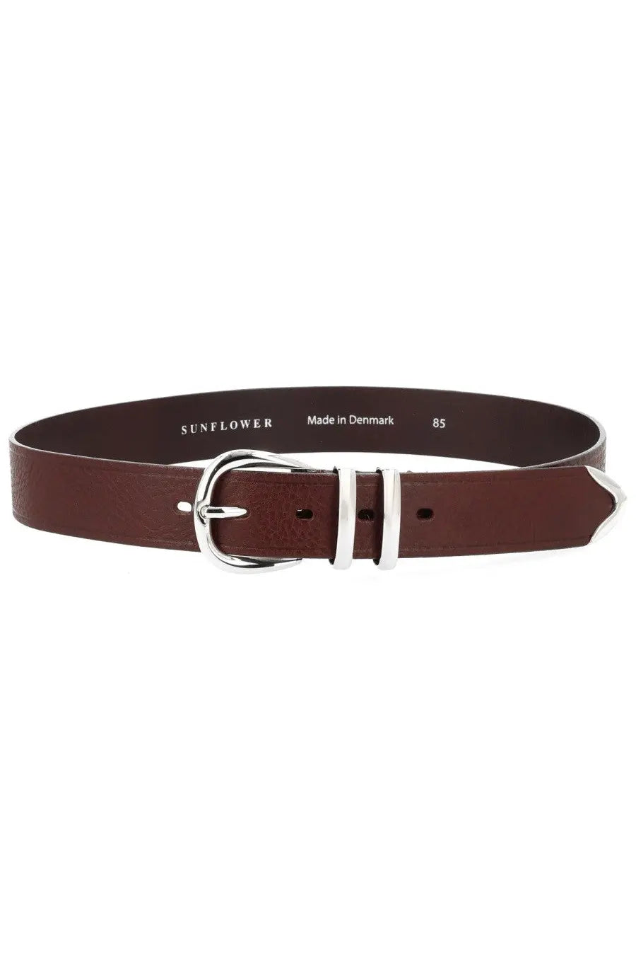 Sunflower men’s tip end belt in brown leather with silver buckle and three vertical metal bars showing sunflower branding inside