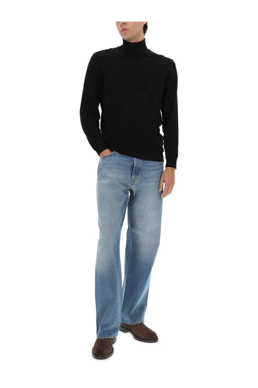 Black turtleneck sweater with long sleeves and ribbed collar paired with sunflower men’s wide twist jeans blue