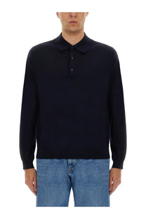Black long-sleeved wool polo shirt with classic collar and button placket from sunflower mens blue collection