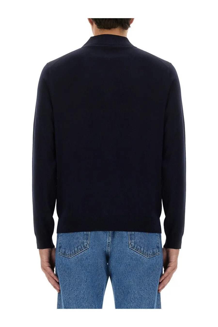 A navy blue men’s wool polo sweater with long sleeves and ribbed collar and cuffs by Sunflower