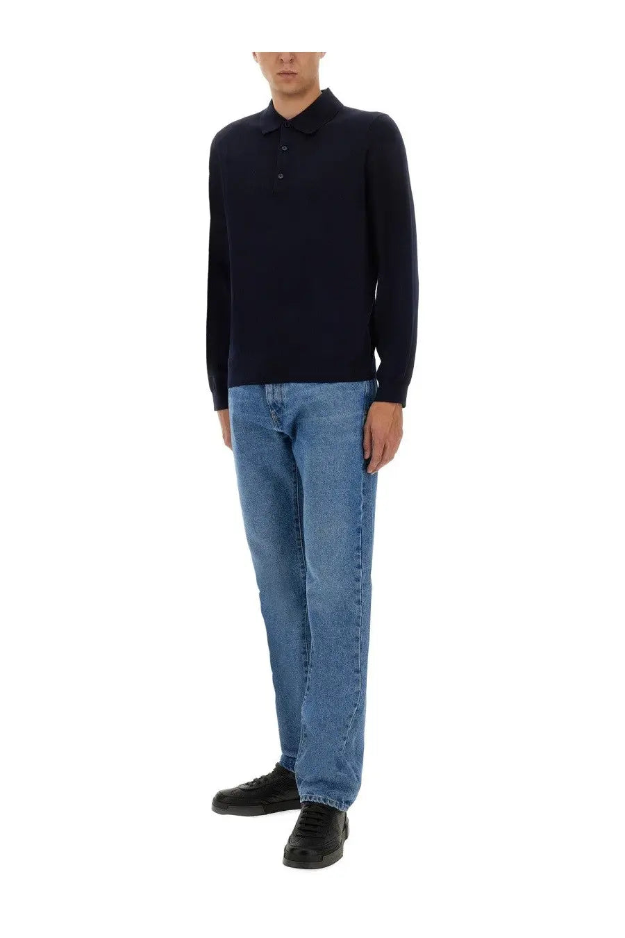 Navy blue Sunflower men’s wool polo shirt with long sleeves classic collar and button placket
