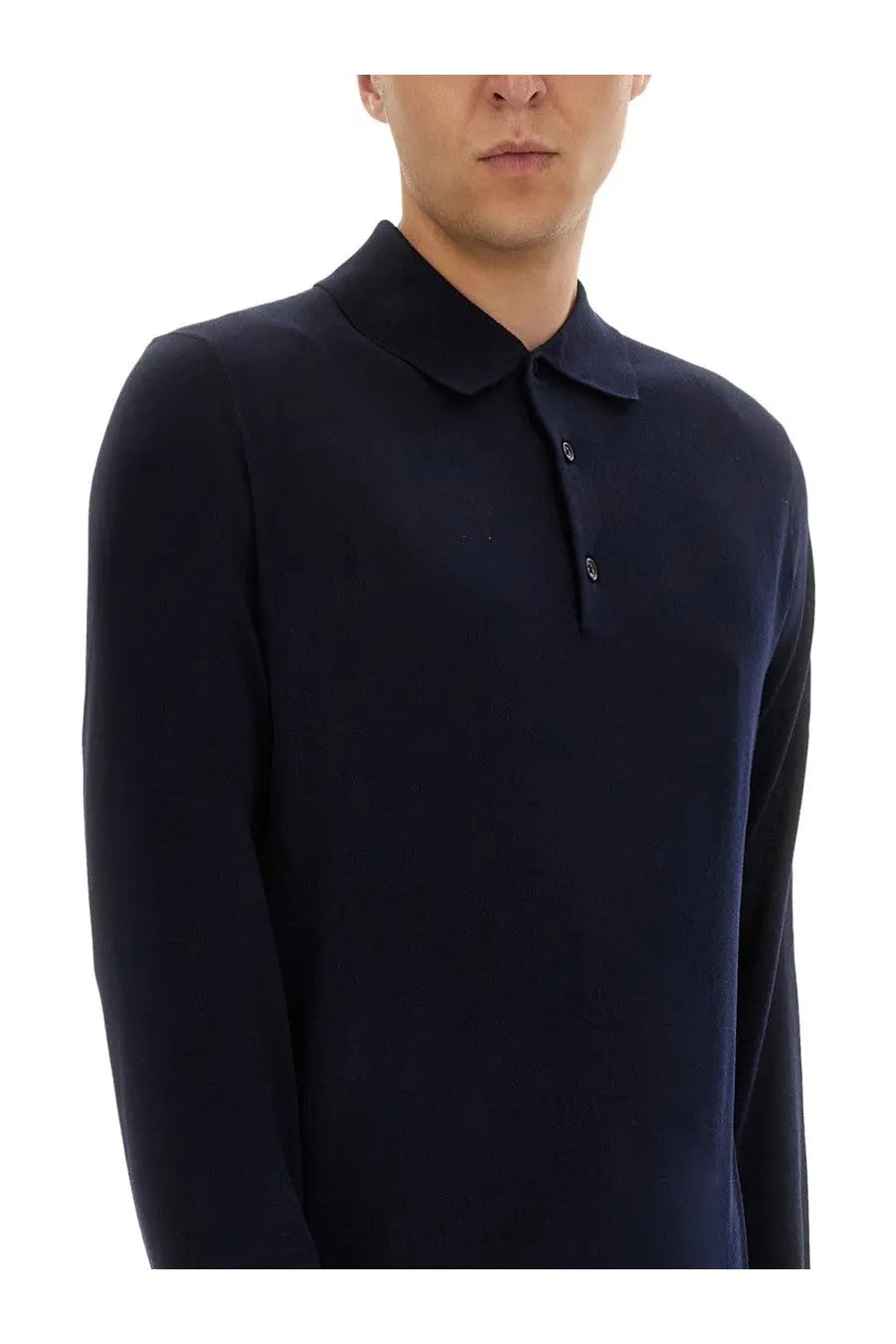Navy blue long-sleeved wool polo shirt with classic collar and two-button placket for men by Sunflower