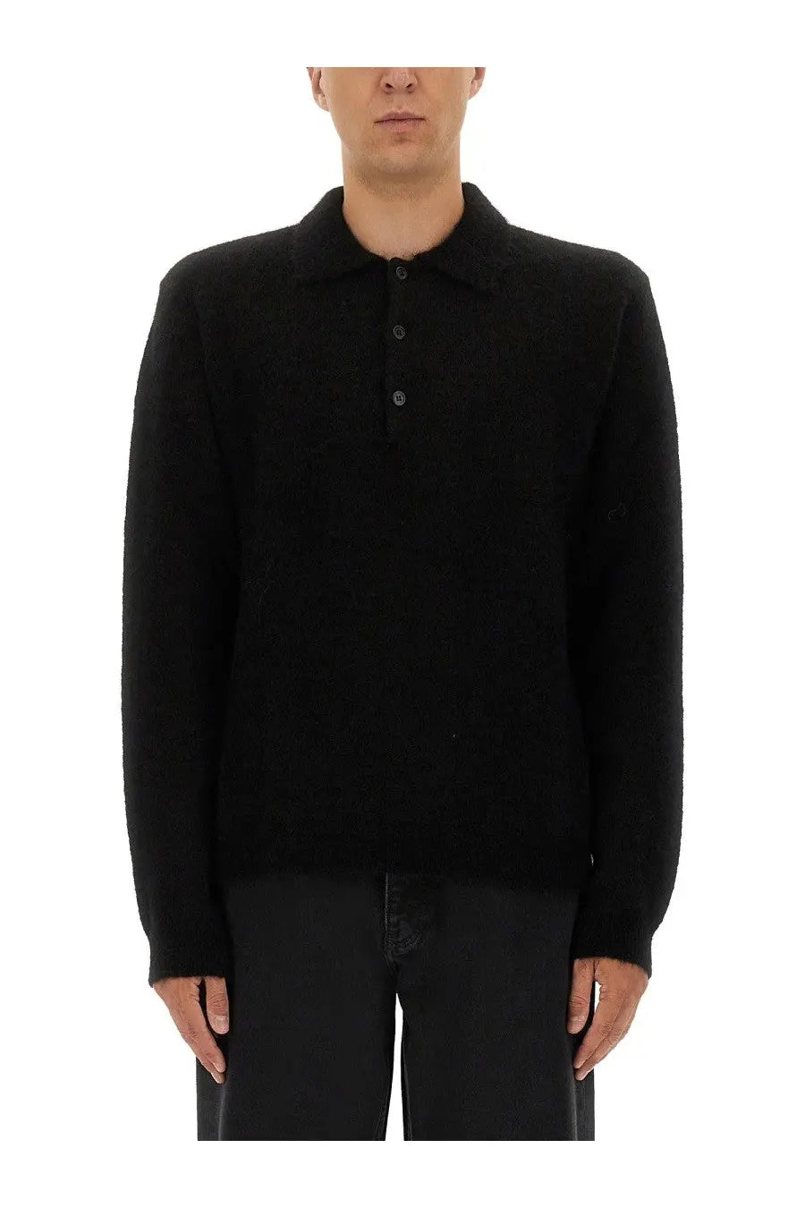 Black knit polo shirt with classic collar and buttoned front made from wool for men by sunflower