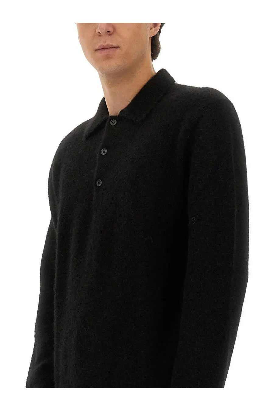 Black textured knit wool polo shirt with classic collar and buttoned front from sunflower men’s wool sweater black collection