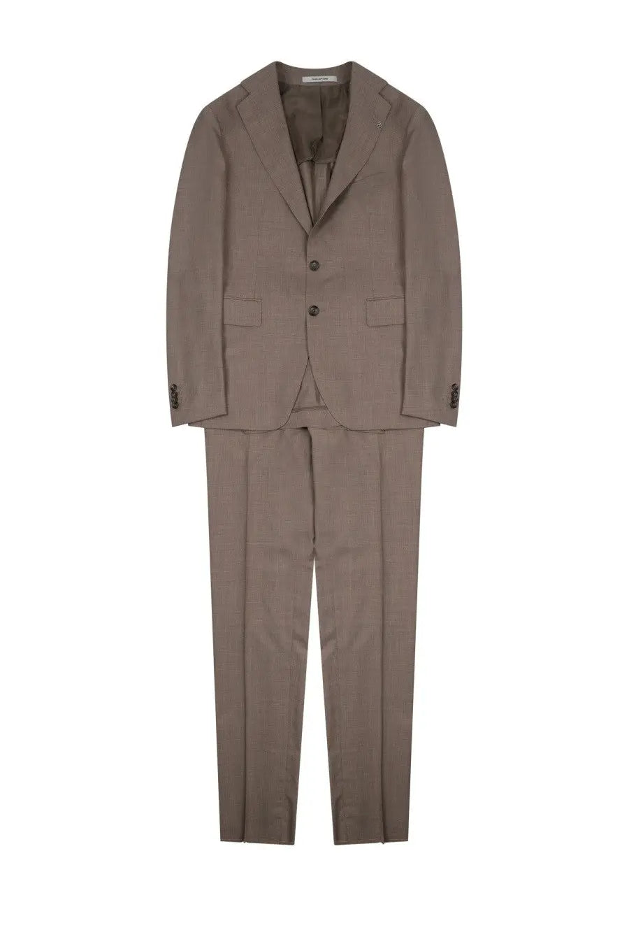 A tailored beige Tagliatore men’s abito vesuvio suit with a classic two-button blazer and matching smooth fabric trousers