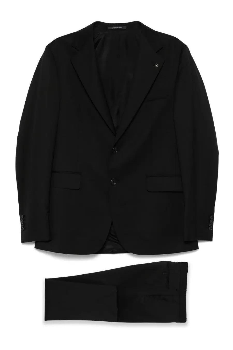 Tagliatore men’s two piece black wool suit with subtle contrast stitching and dolce and gabbana logo on left lapel
