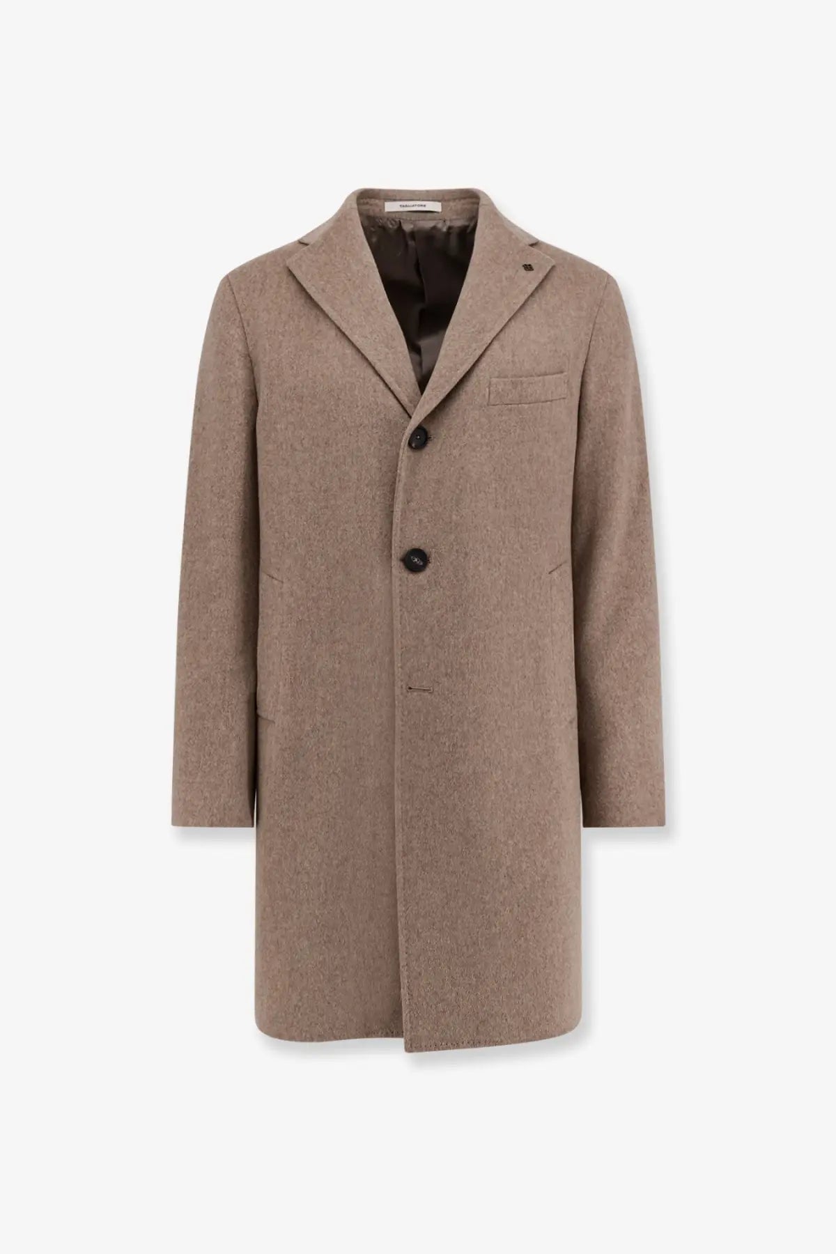 Tagliatore men’s virgin wool coat beige in camel color with subtle textured weave and three dark buttons