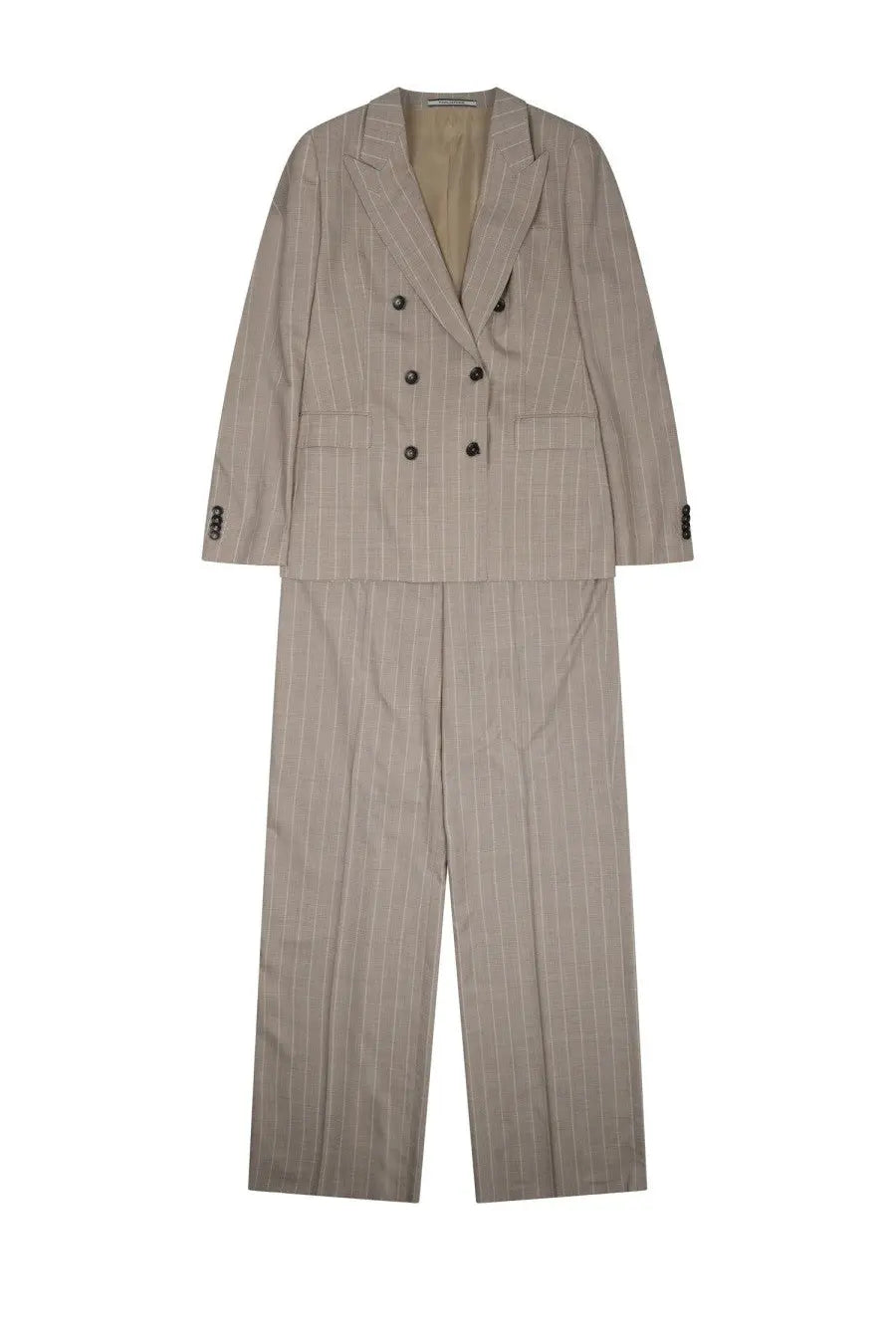 Tagliatore women’s abito due pezzi beige double-breasted pinstripe wool suit with dark buttons
