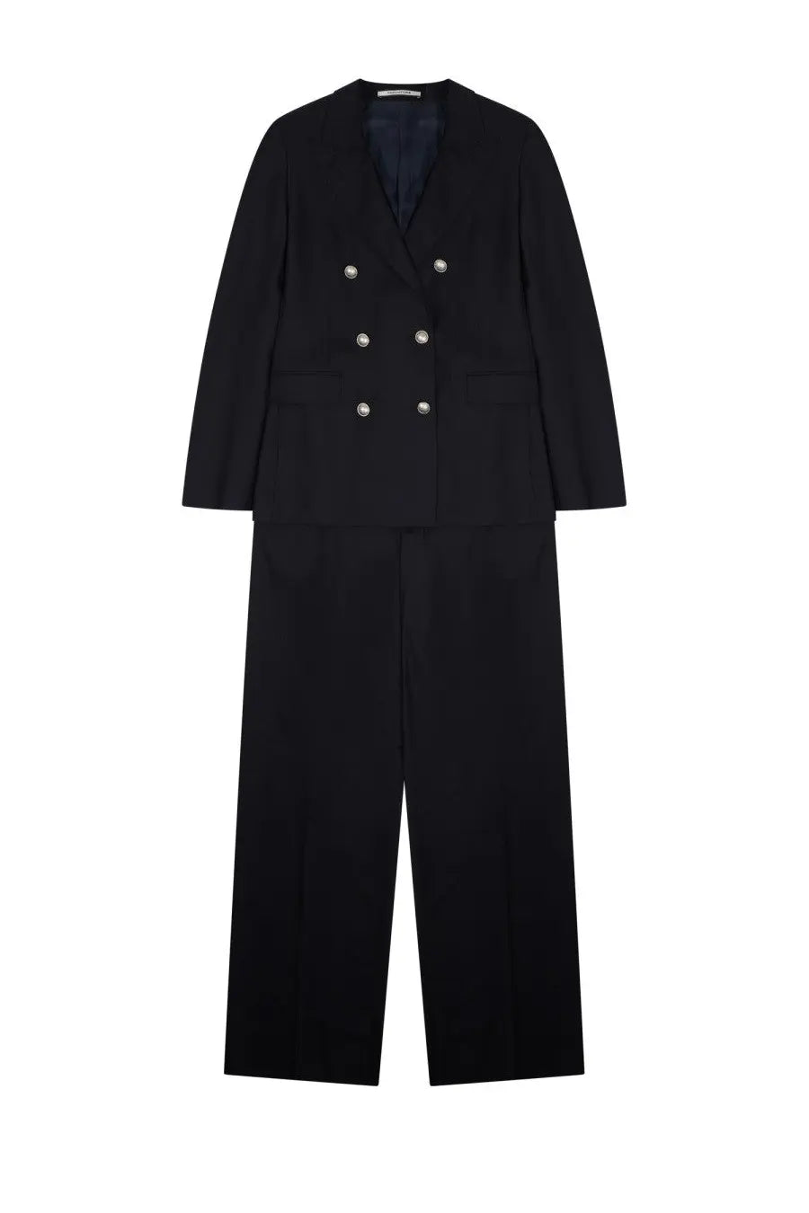 Tagliatore women’s abito due pezzi black double-breasted wool blazer with silver buttons and matching wide-leg trousers
