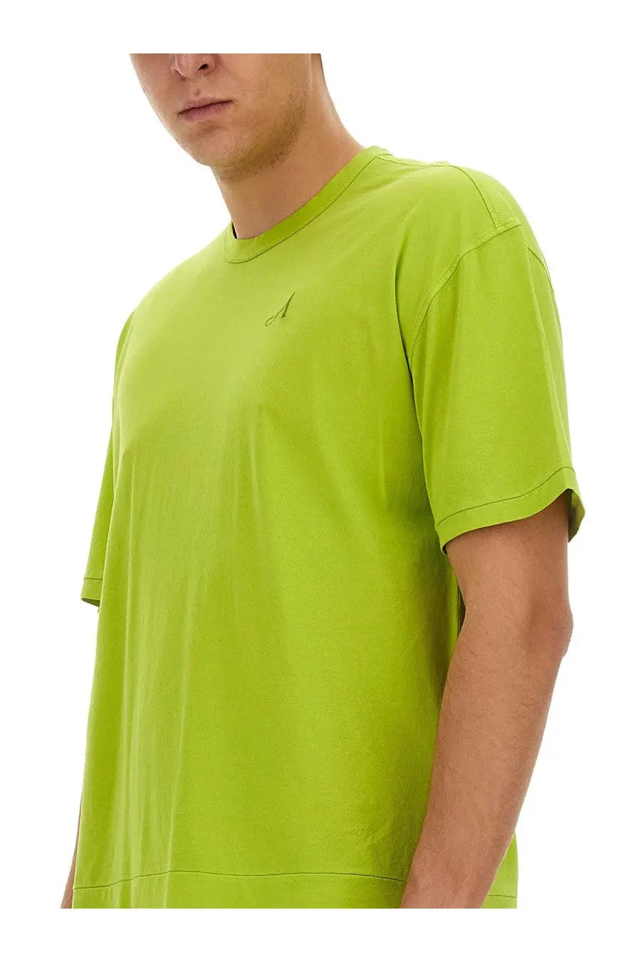Bright lime green ten c men’s short-sleeved crew neck t-shirt with small embroidered logo on left chest