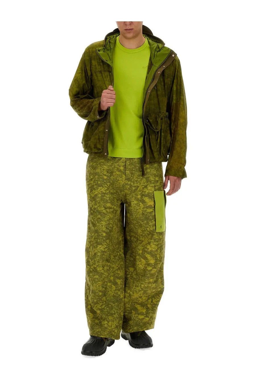 Olive green suede hooded jacket with front pockets worn over lime green ten c men’s awake ny ten shirt green