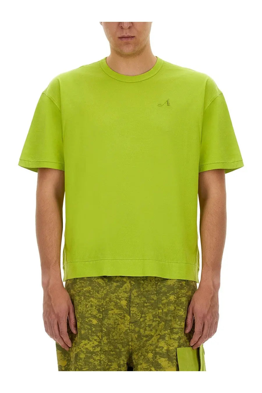 Vibrant lime green crewneck t-shirt with subtle embroidered logo on left chest from ten c men’s awake ny ten shirt green collection