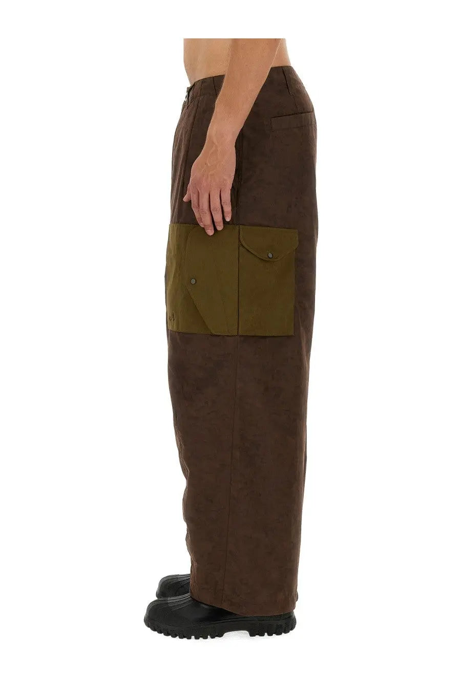 Ten c men’s cargo pants awake ny ten green in brown suede with olive green patch pockets visible from the front